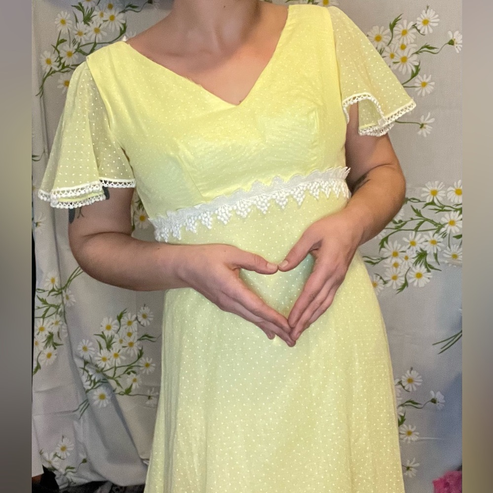 Vintage 70s pastel yellow white polka dot flutter sleeve formal empire gown - Picture 2 of 7